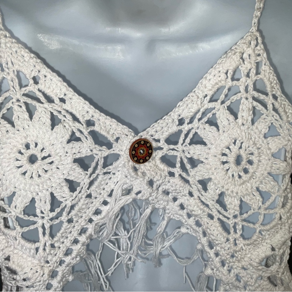 Handmade Crochet Halter crop top Small White Bohemian Cover up with fringe - Picture 7 of 7